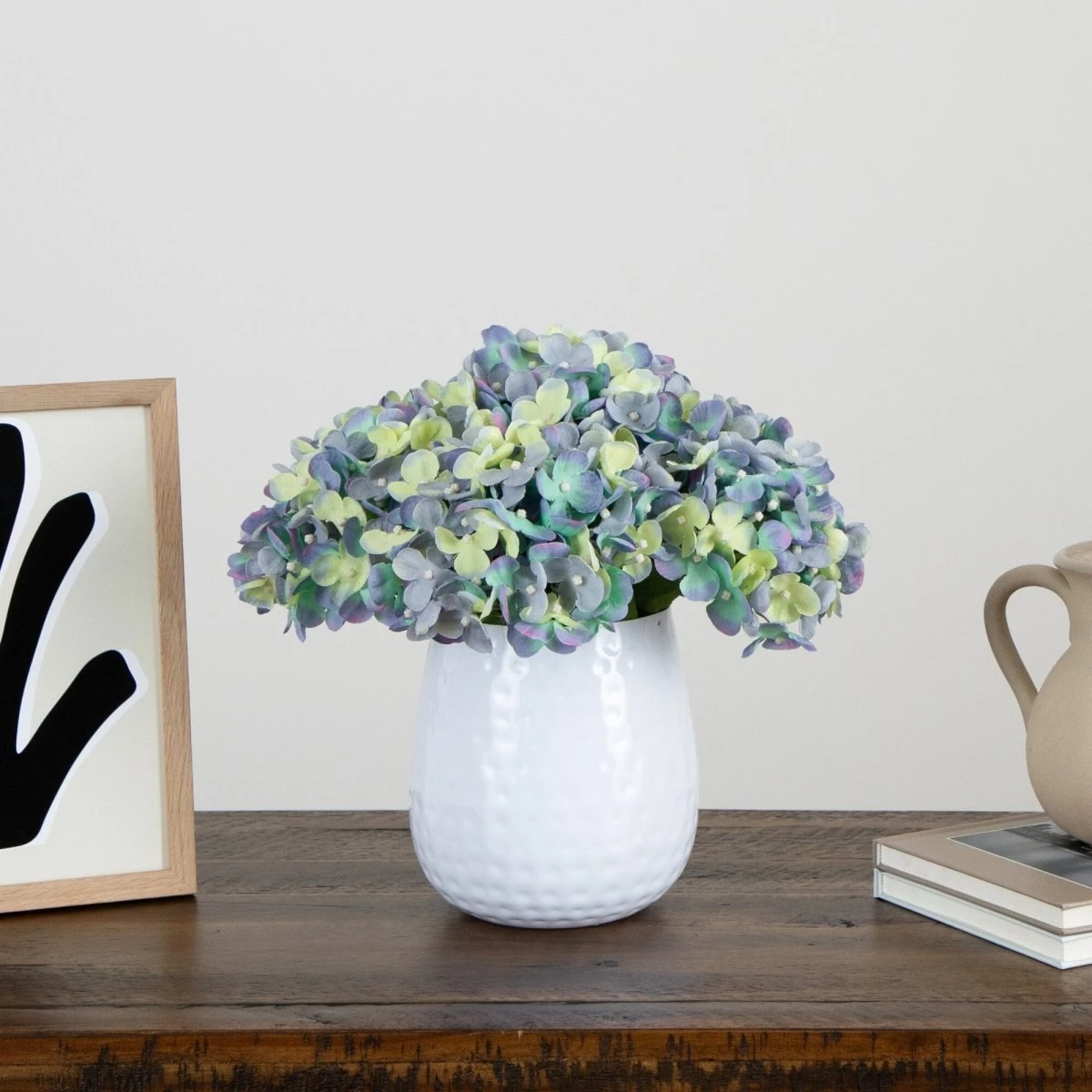 11-in Artificial Hydrangea Arrangement In White Metal Vase - Image 4