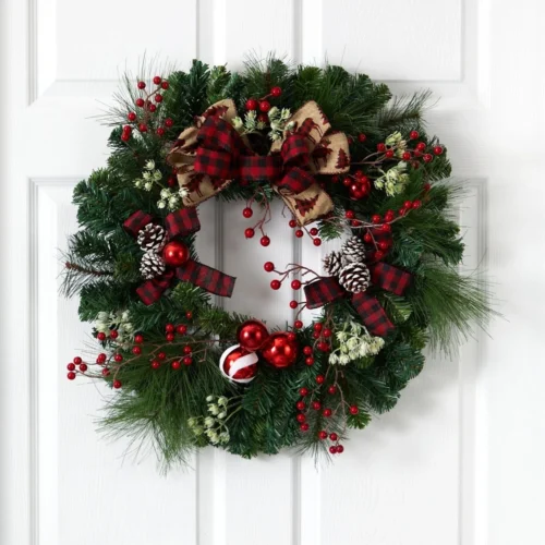 24-in Christmas Pine Wreath With Ornaments & Bow | Holiday Decor