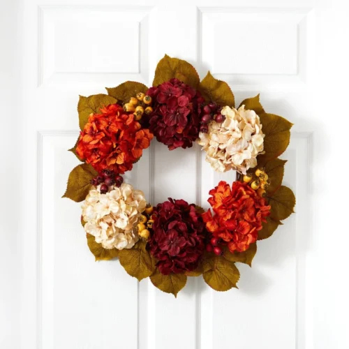 24-in Fall Hydrangea Wreath | Multicolored Autumn Leaves