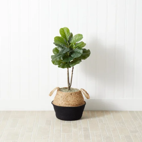 3-ft Artificial Fiddle Leaf Fig Tree With Handmade Cotton & Jute Woven Basket