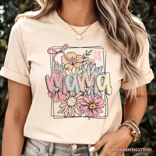 Floral Mama Coquette Bow Pastel T-Shirt, White And Natural Boho Tee With Spring Flower