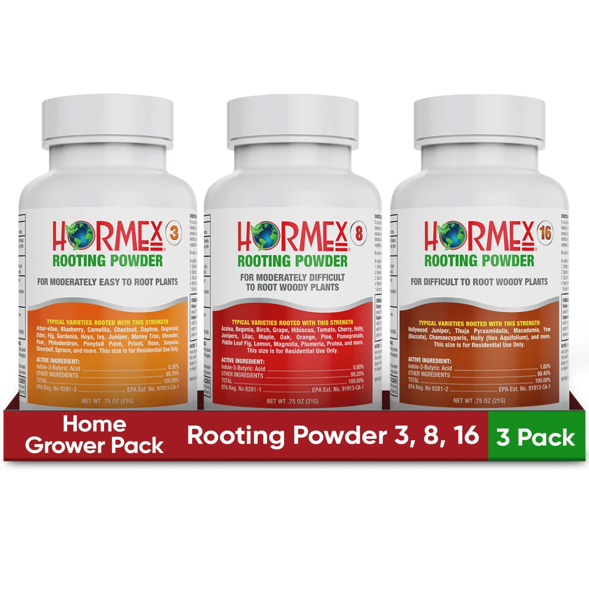 Hormex Rooting Powder Pack – #3, #8 & #16 High-Strength Cloning Kit For Semi-Softwood To Hardwood Cuttings