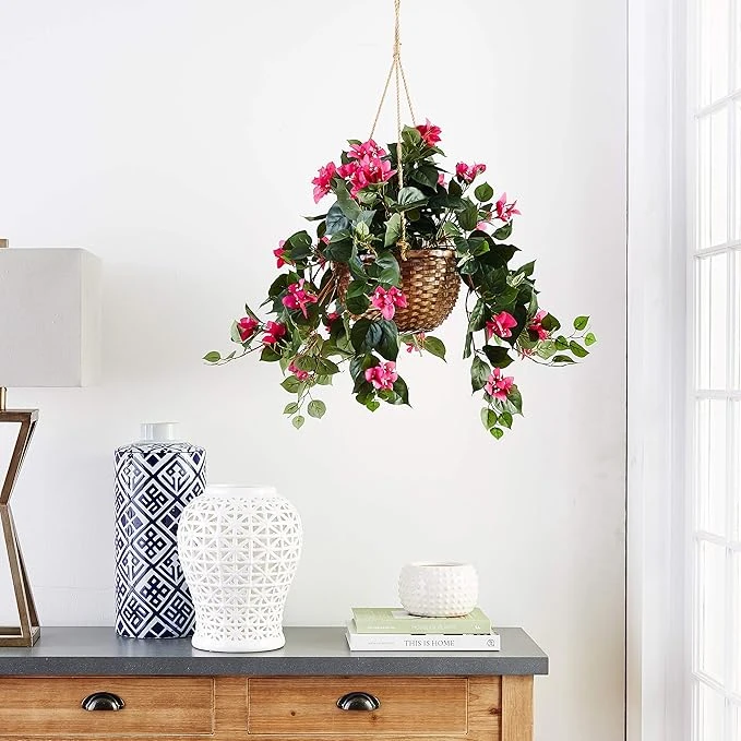 Silk Bougainvillea Hanging Basket – Faux Cascading Vine In Wicker Planter - Image 3